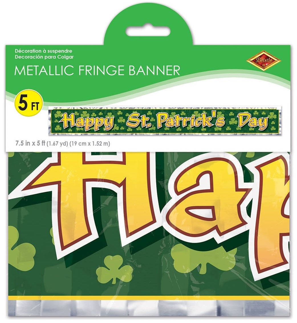 Metallic banner that reads "HAPPY ST. PATRICK'S DAY" in a yellow font. The background of the banner is green with light green shamrocks.