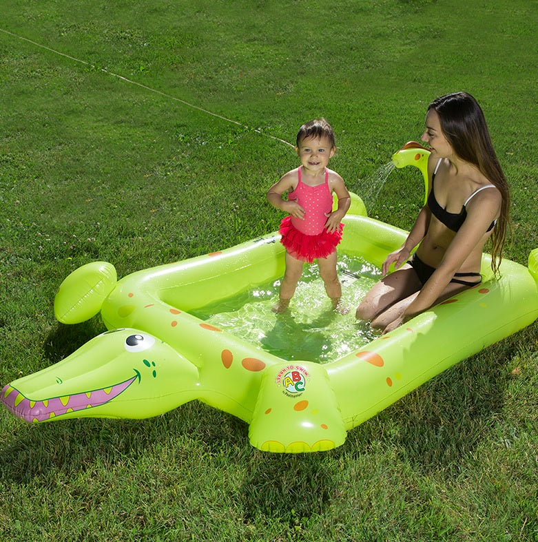 Inflatable pool for kids shaped like a square crocodile.