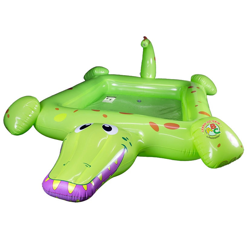 Inflatable pool for kids shaped like a square crocodile.