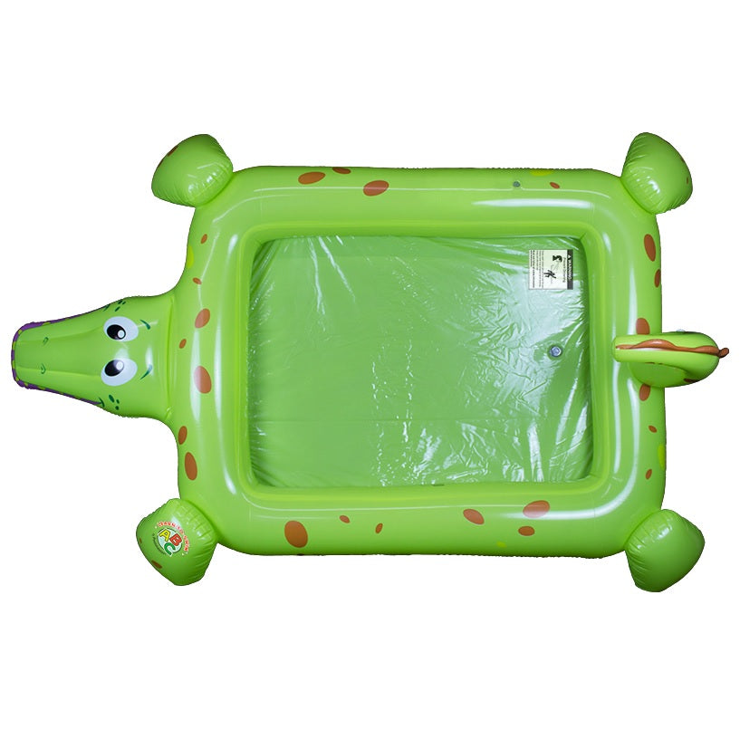 Inflatable pool for kids shaped like a square crocodile.
