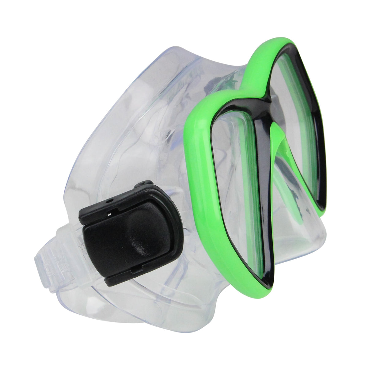 Clear swimming mask with neon green and black around the eyes.