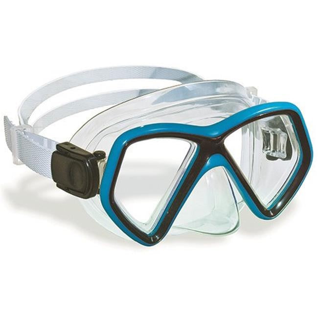 Clear swimming mask with neon blue and black around the eyes.