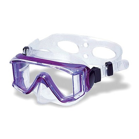 Clear swimming mask with purple around the eyes.