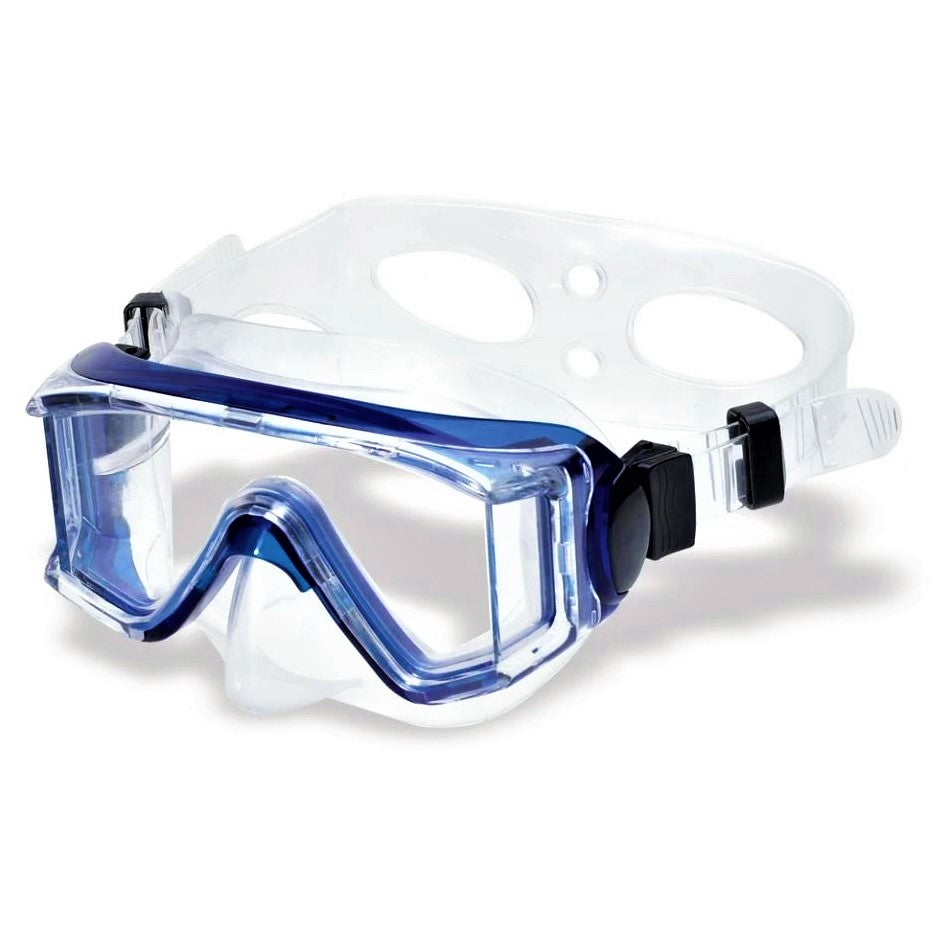 Clear swimming mask with blue around the eyes.