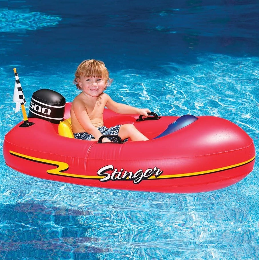 Pool float for kids shaped like a red speedboat.
