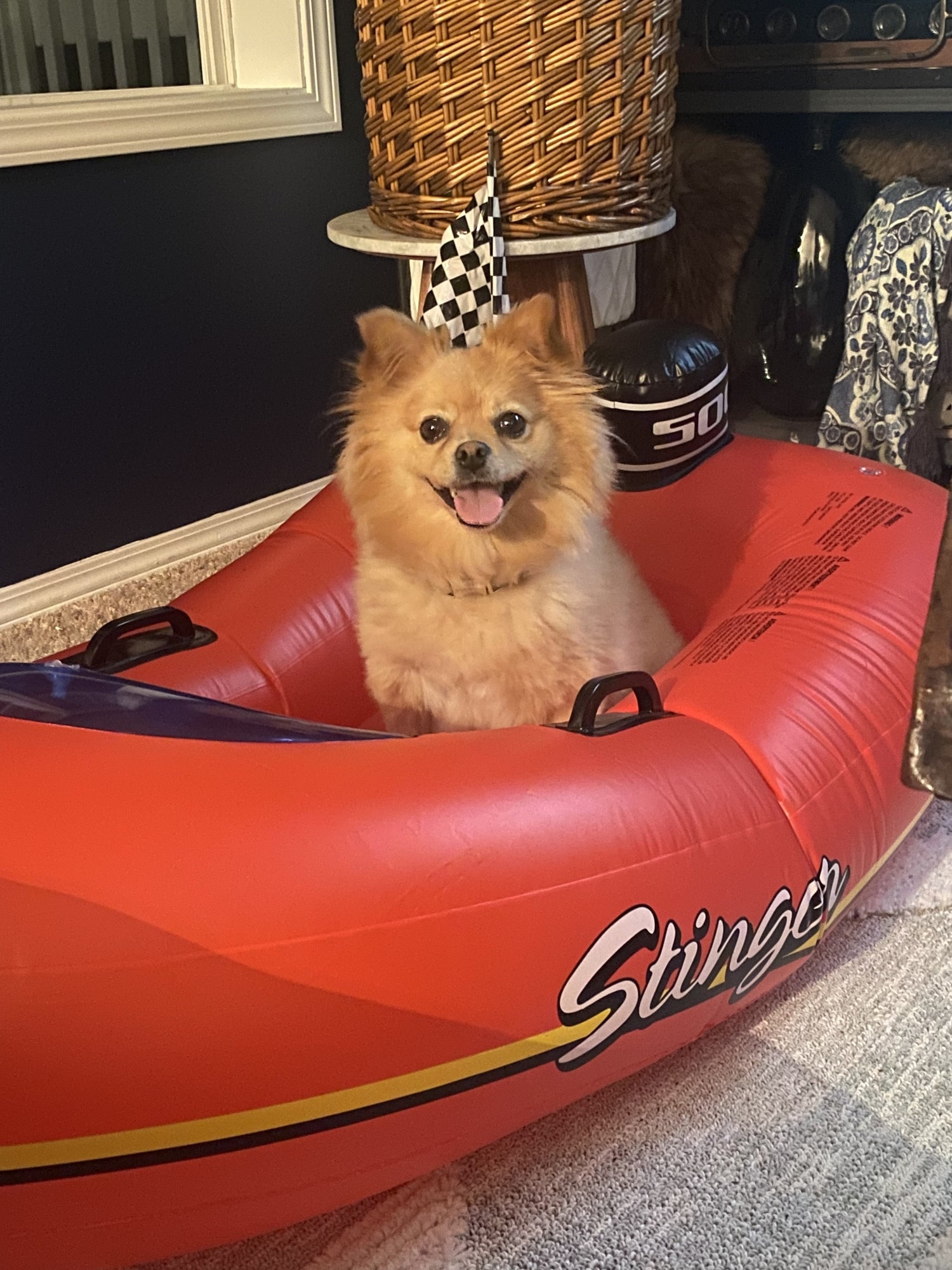 Pool float for kids shaped like a red speedboat.