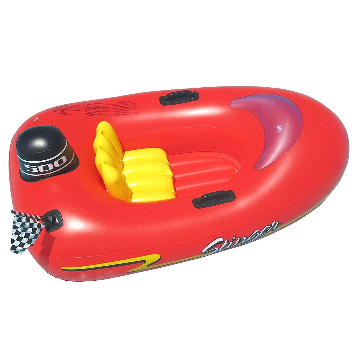 Pool float for kids shaped like a red speedboat.