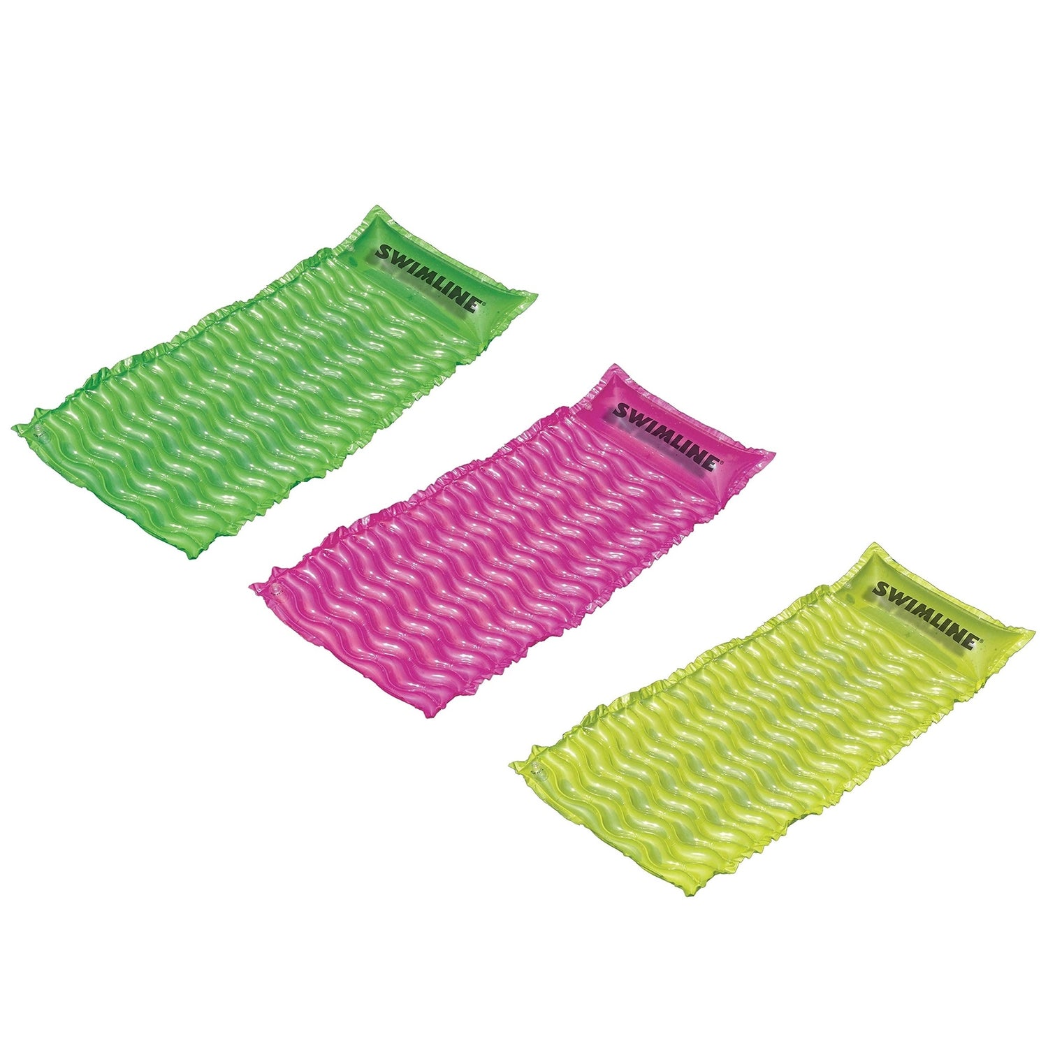 Inflatable pool mattresses. There are three color options: yellow, pink or lime green.