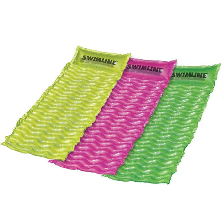 Inflatable pool mattresses. There are three color options: yellow, pink or lime green.