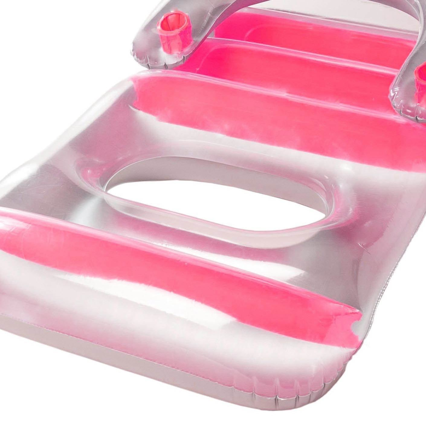 Inflatable pool chairs. This one is clear and pink.