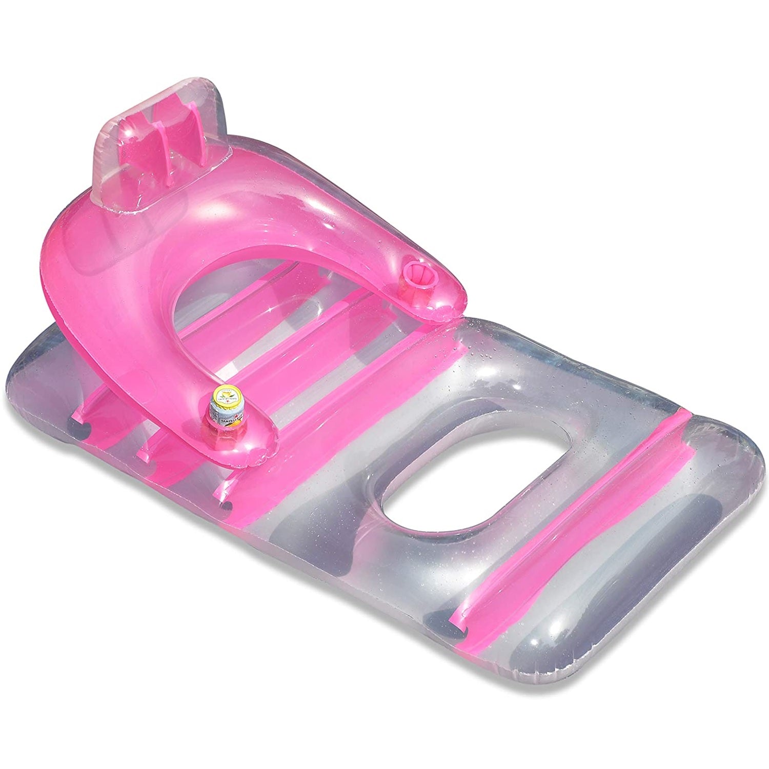 Inflatable pool chairs. This one is clear and pink.