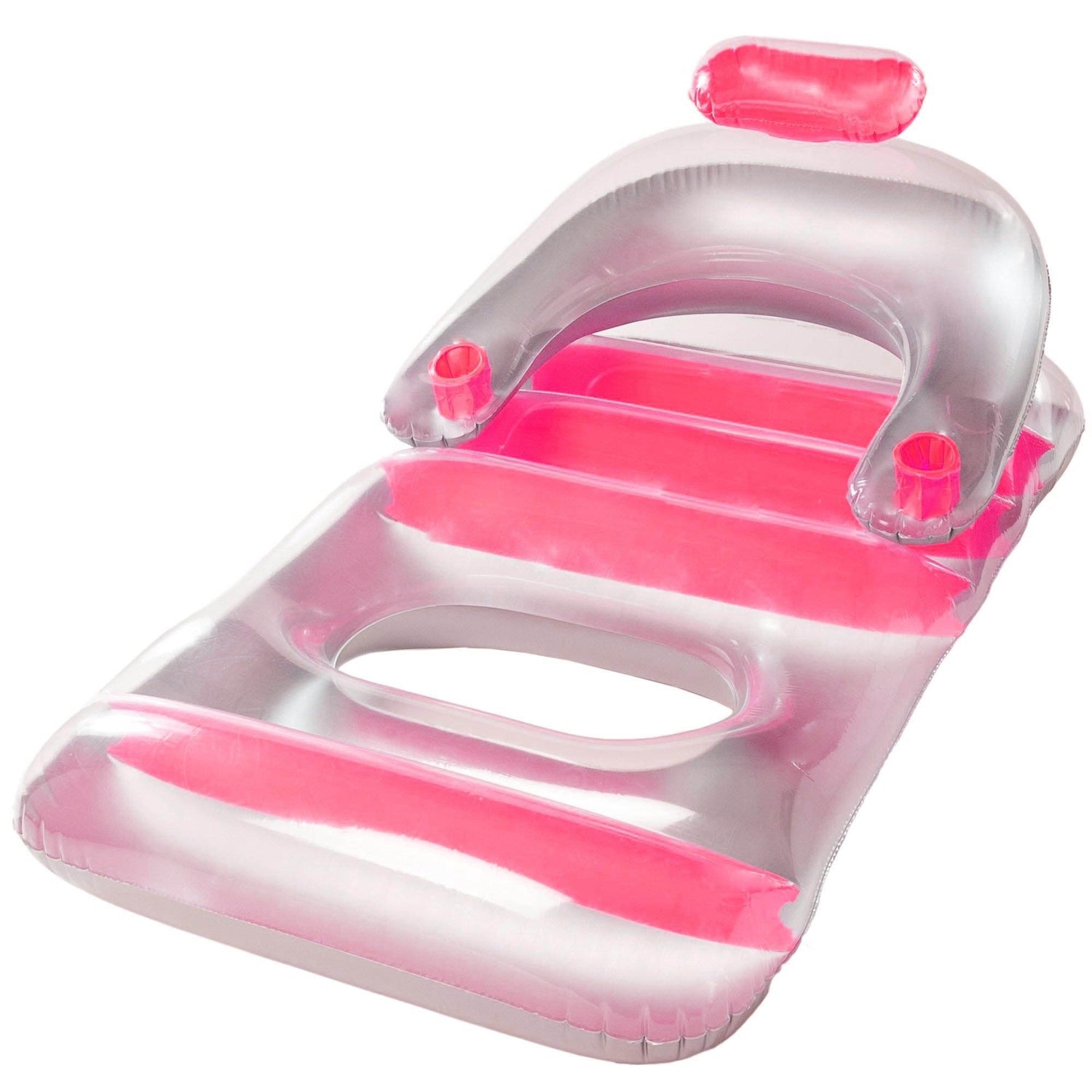 Inflatable pool chairs. This one is clear and pink.