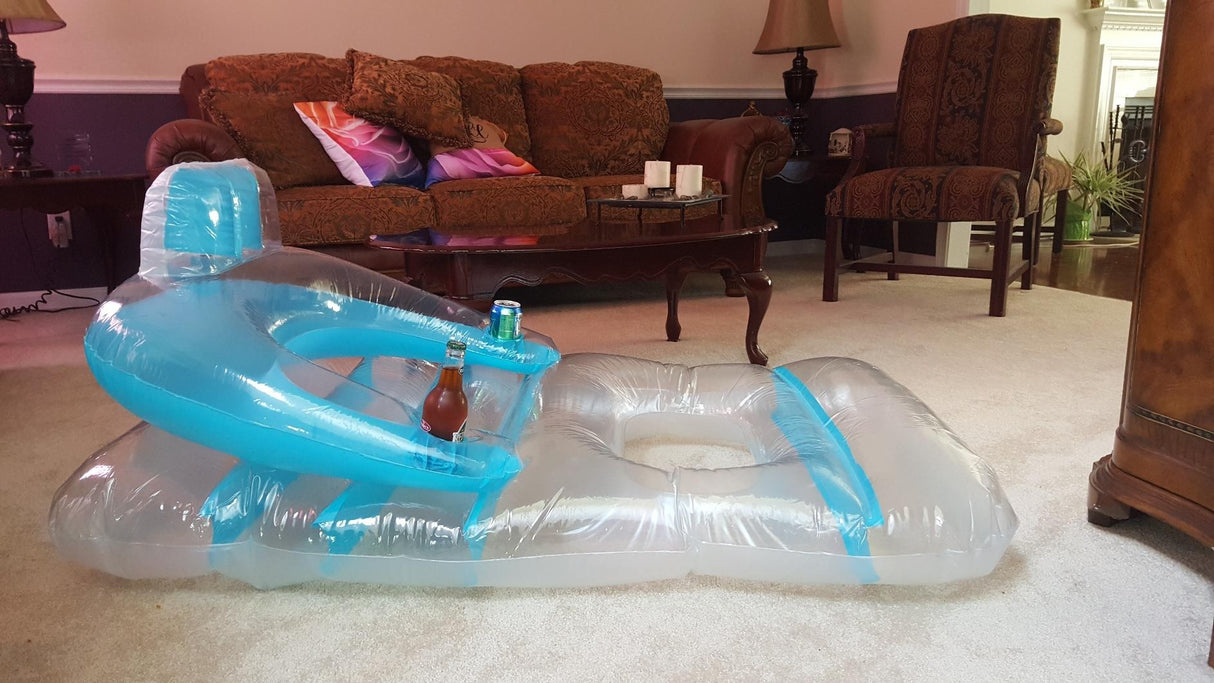 Inflatable pool chairs. This one is clear and blue.