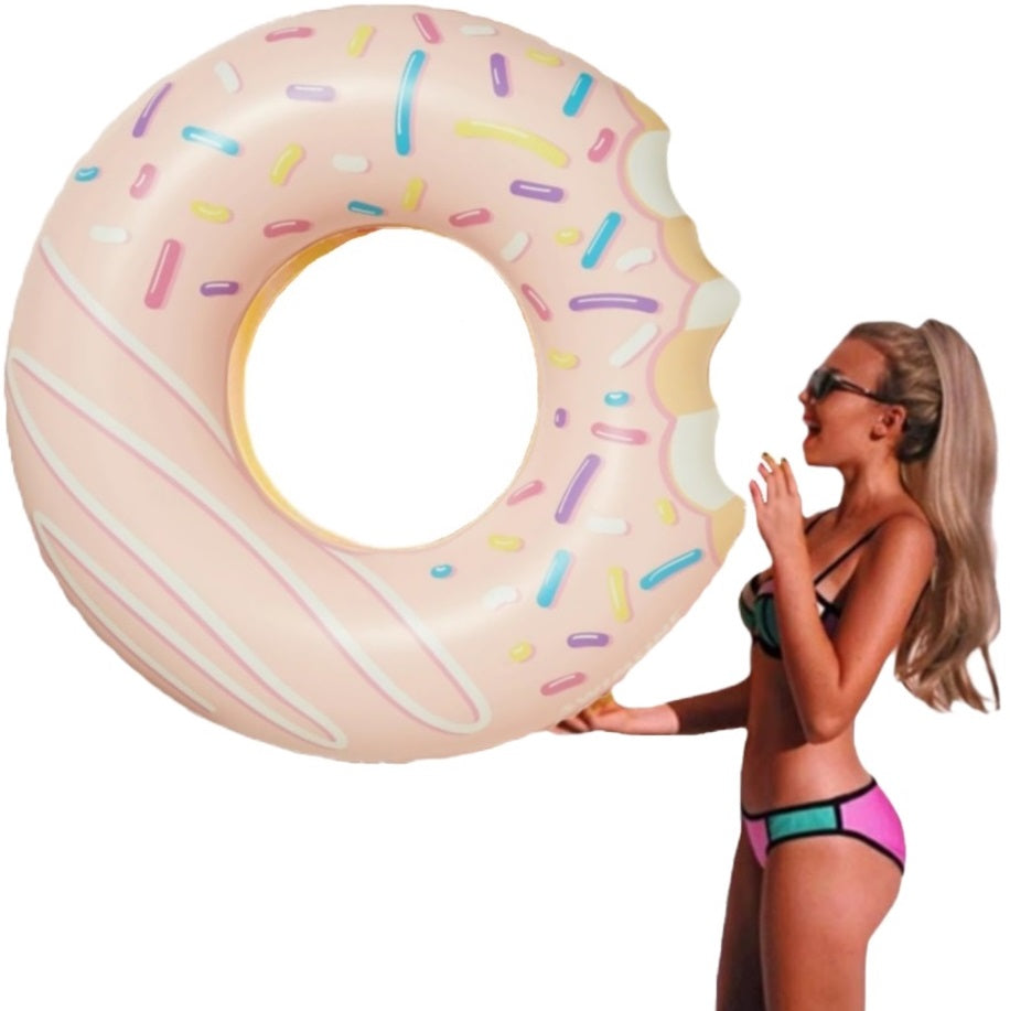 Double-bit, donut-shaped inner tube with pink frosting and a sprinkled design.