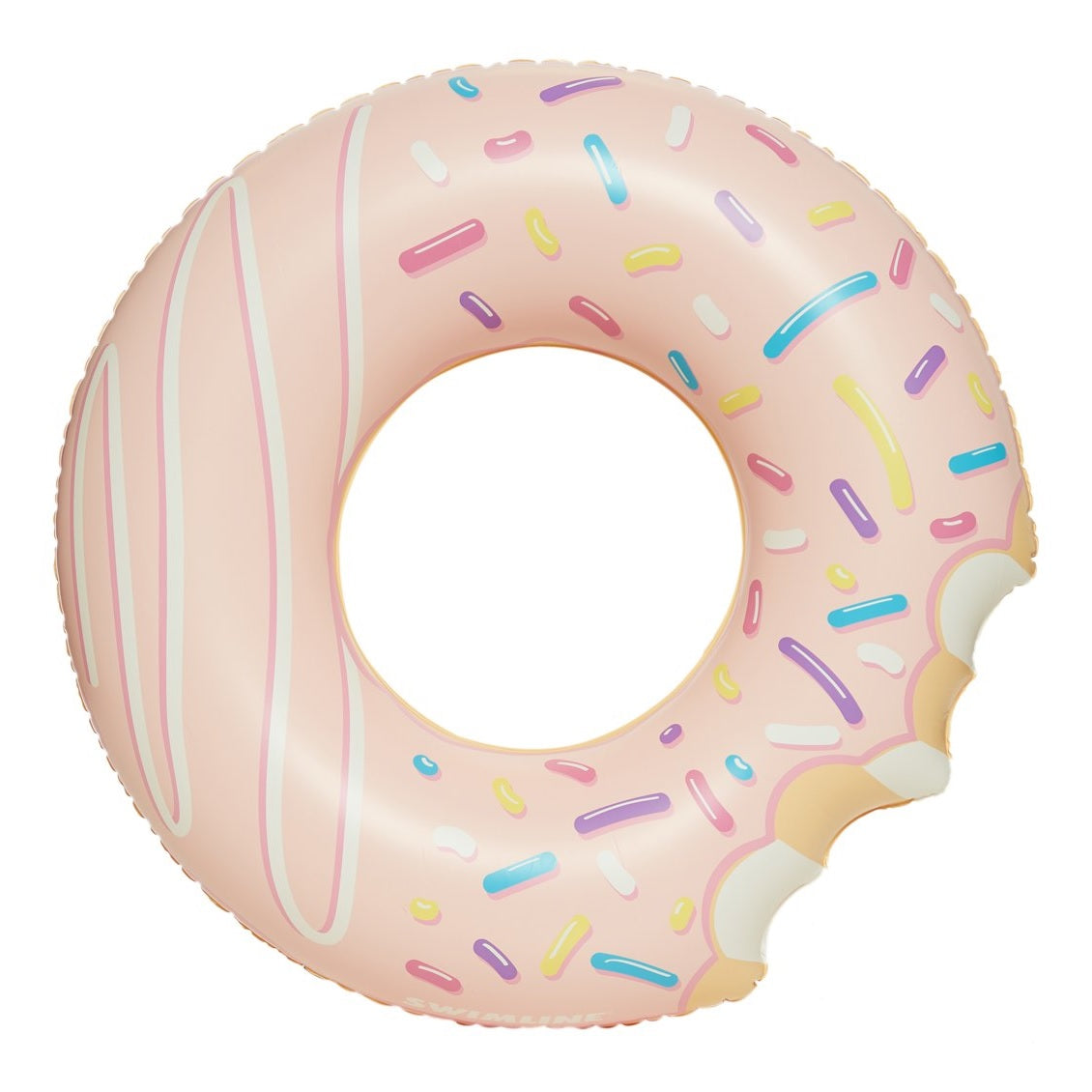 Double-bit, donut-shaped inner tube with pink frosting and a sprinkled design.