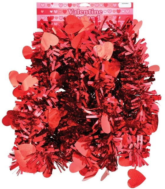 Red decorating tinsel with red and pink holographic hearts.