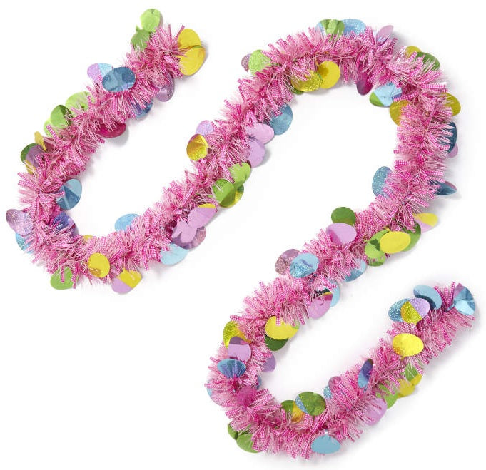 A pink tinsel garland featuring multi-colored shiny eggs