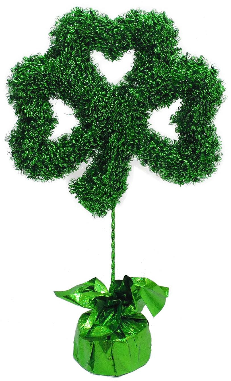 Tinsel tabletop decoration shaped like a shamrock. There's a weighted base covered in shiny, green tinsel.