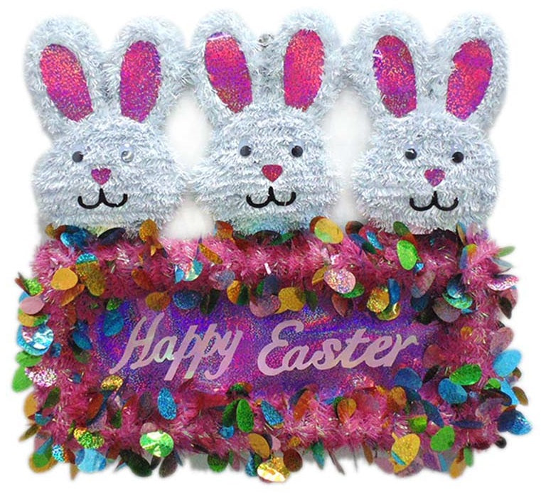 A tinsel hanging decoration made up of three smiling bunny heads holding a sign that reads "HAPPY EASTER" and is decorated with a bunch of small, different colored eggs