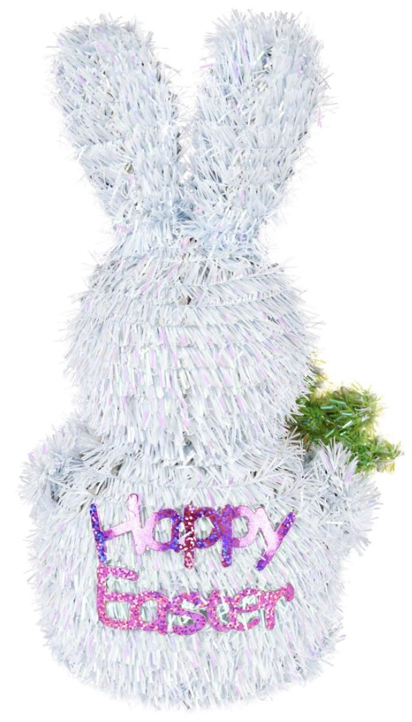 The back of a tinsel bunny decoration that reads "Happy Easter"