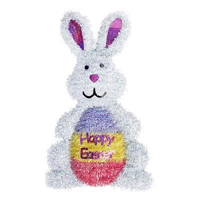 A 3D tinsel Easter bunny holding a multi-colored egg that reads "Happy Easter"