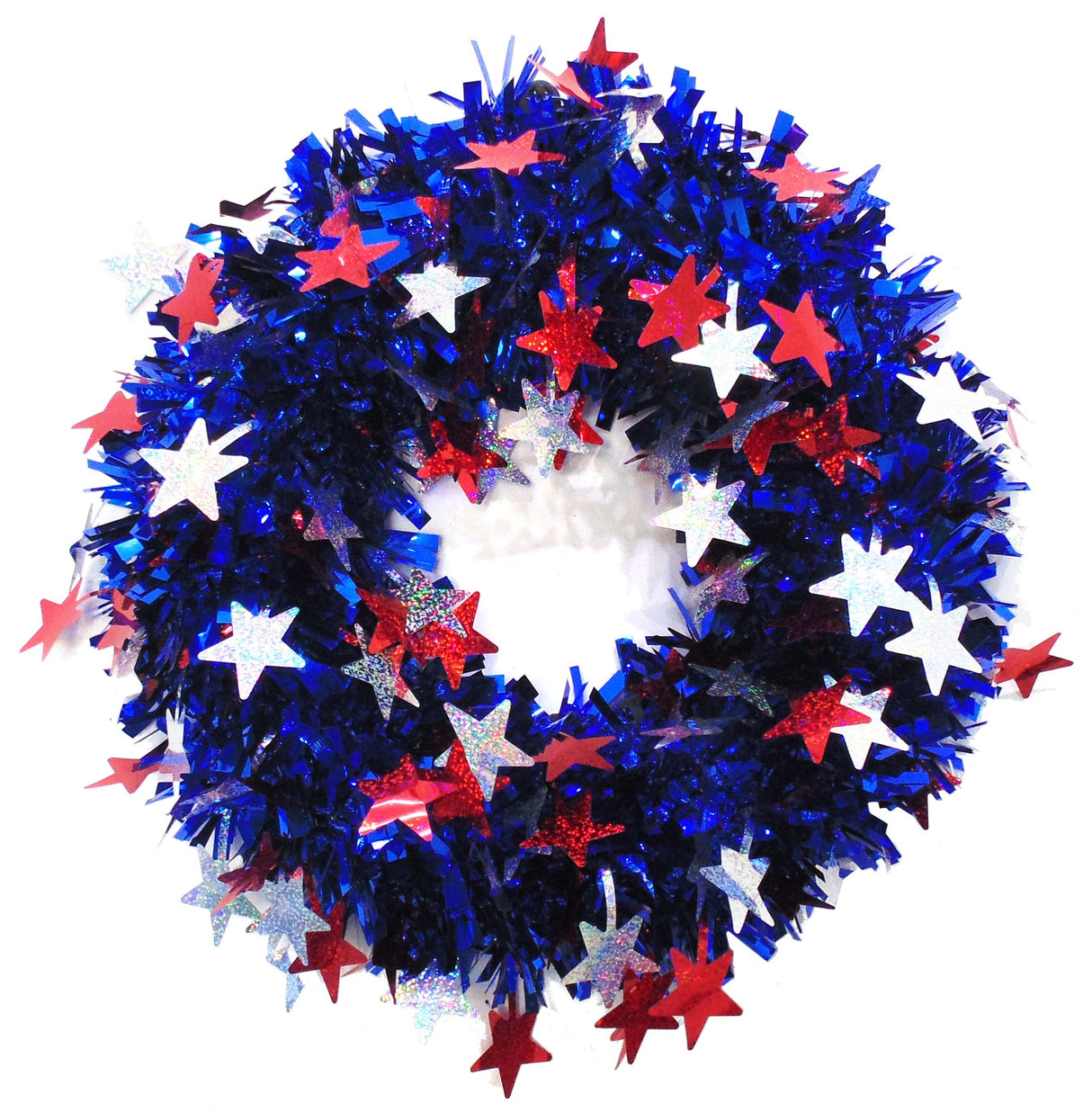 Shiny, blue tinsel wreath with red and white holographic tars.