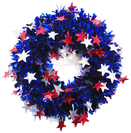 Shiny, blue tinsel wreath with red and white holographic tars.