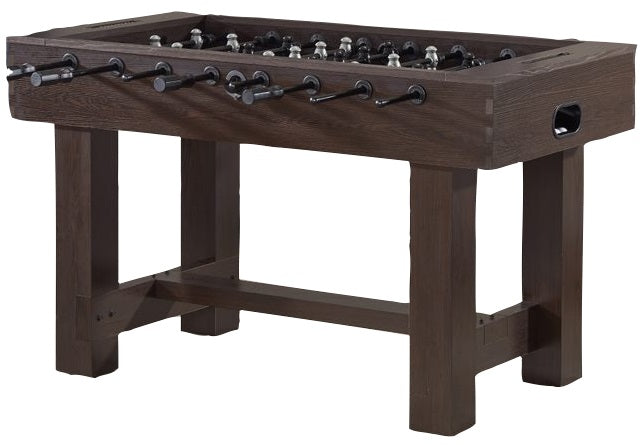 Side image of the foosball table with dark brown faux wood frame and black handles on a white background.