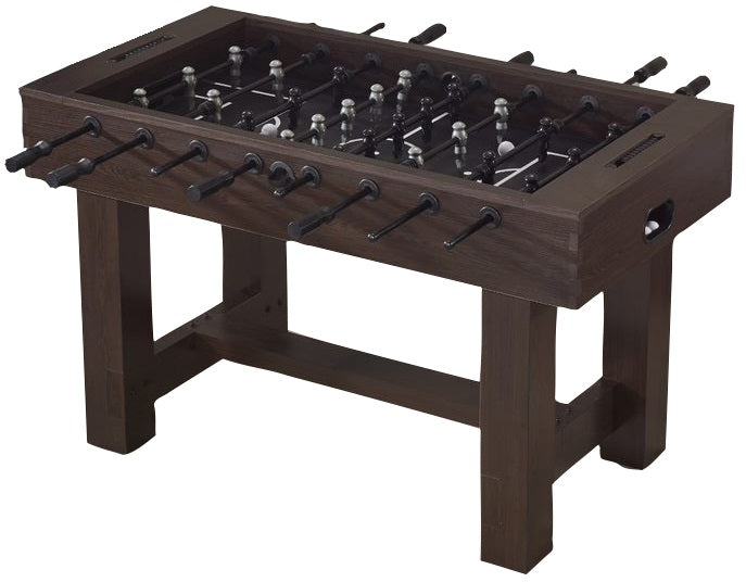 Foosball table with dark brown faux wood frame and black handles. The players are black and silver.
