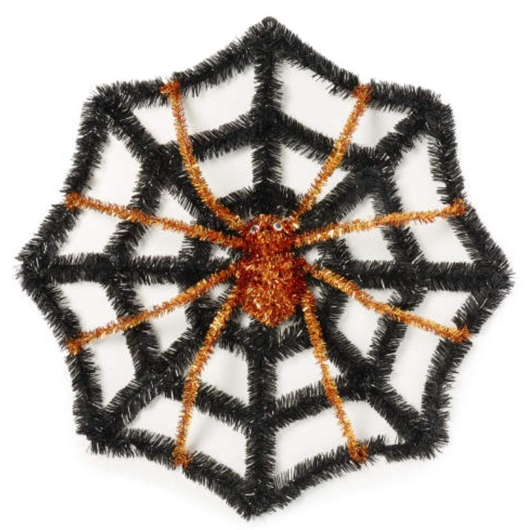 Black tinsel decoration shaped like a web with a spider in the center. One features a purple spider and the other features an orange spider.