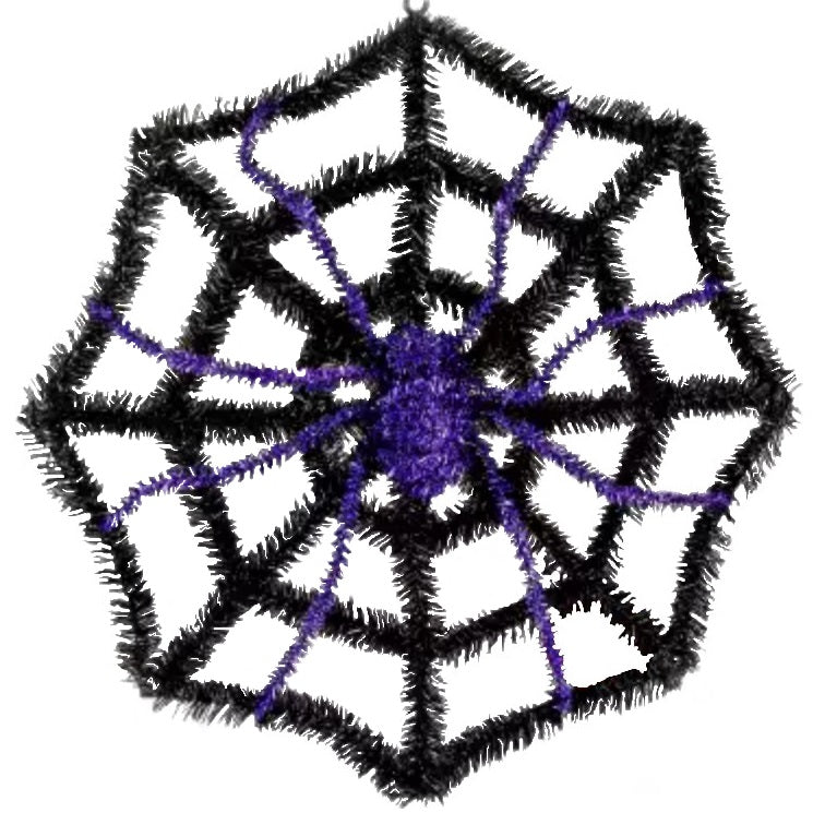 Black tinsel decoration shaped like a web with a spider in the center. One features a purple spider and the other features an orange spider.