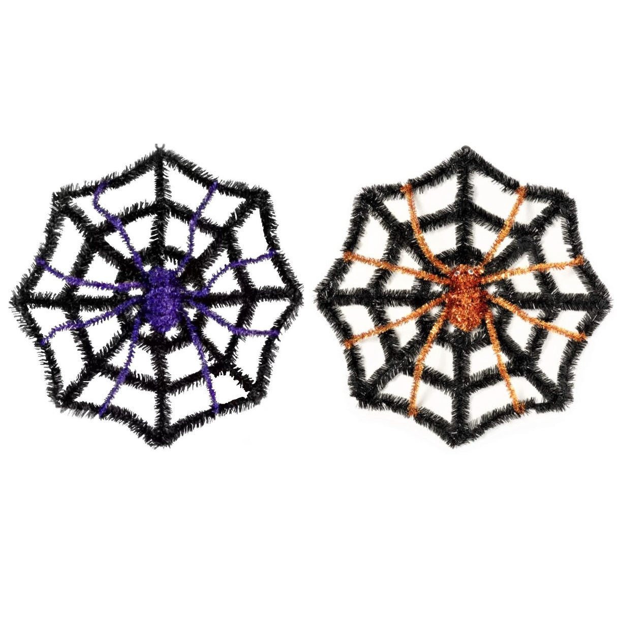 Black tinsel decoration shaped like a web with a spider in the center. One features a purple spider and the other features an orange spider.
