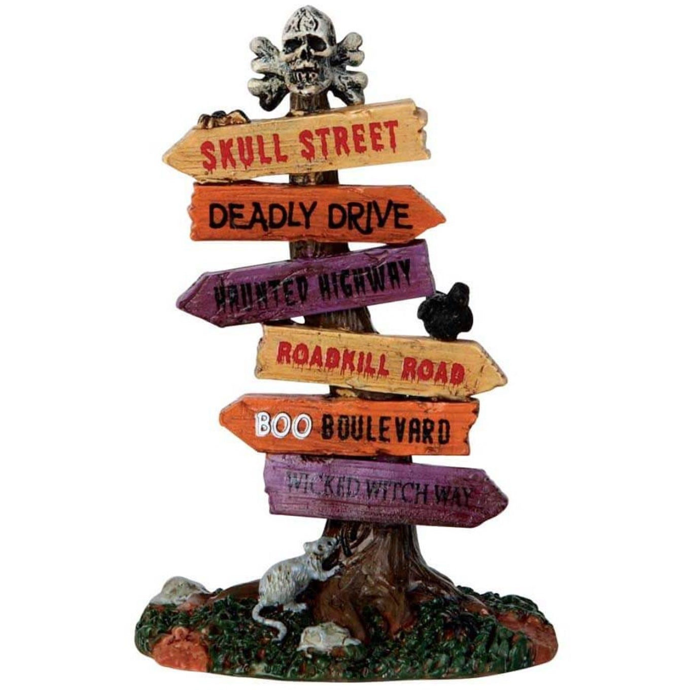Polyresin figure for a Lemax display. Designed to look like a roadway sign with arrows pointing in different directions. There's a skull and cross bones on top. The signs read Skull Street, Deadly Drive, Haunted Highway, Roadkill Road, Boo Boulevard and Wicked Witch Way. There are a couple rats at the base.