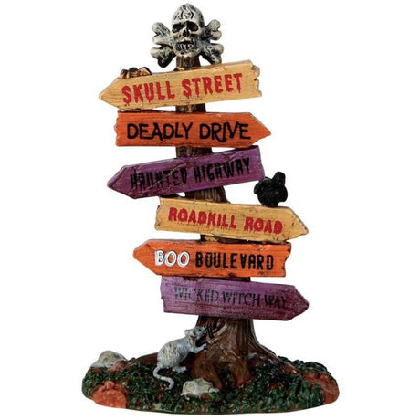 Polyresin figure for a Lemax display. Designed to look like a roadway sign with arrows pointing in different directions. There's a skull and cross bones on top. The signs read Skull Street, Deadly Drive, Haunted Highway, Roadkill Road, Boo Boulevard and Wicked Witch Way. There are a couple rats at the base.