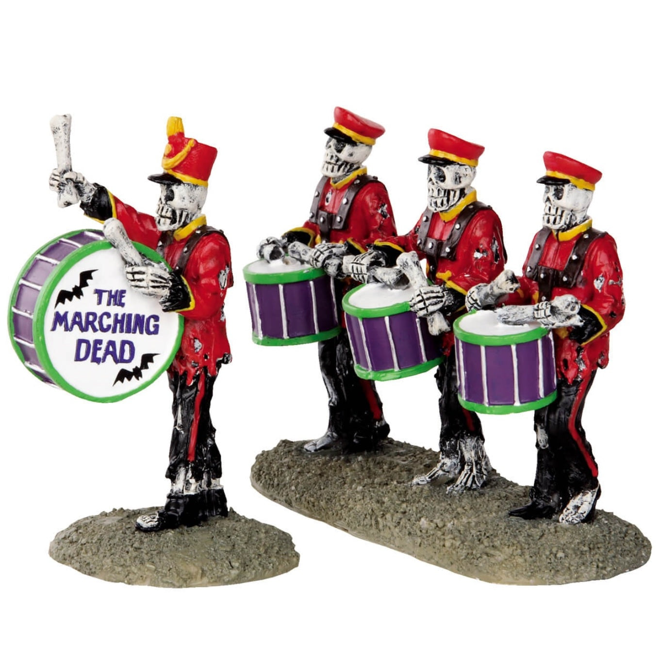 Polyresin figurines for a Lemax Spooky Town display. Designed to look like a marching band made of up of four skeletons wearing red marching band costumes. They're all holding drums. The head band leader's drum reads "THE MARCHING DEAD" and has black bats on it.