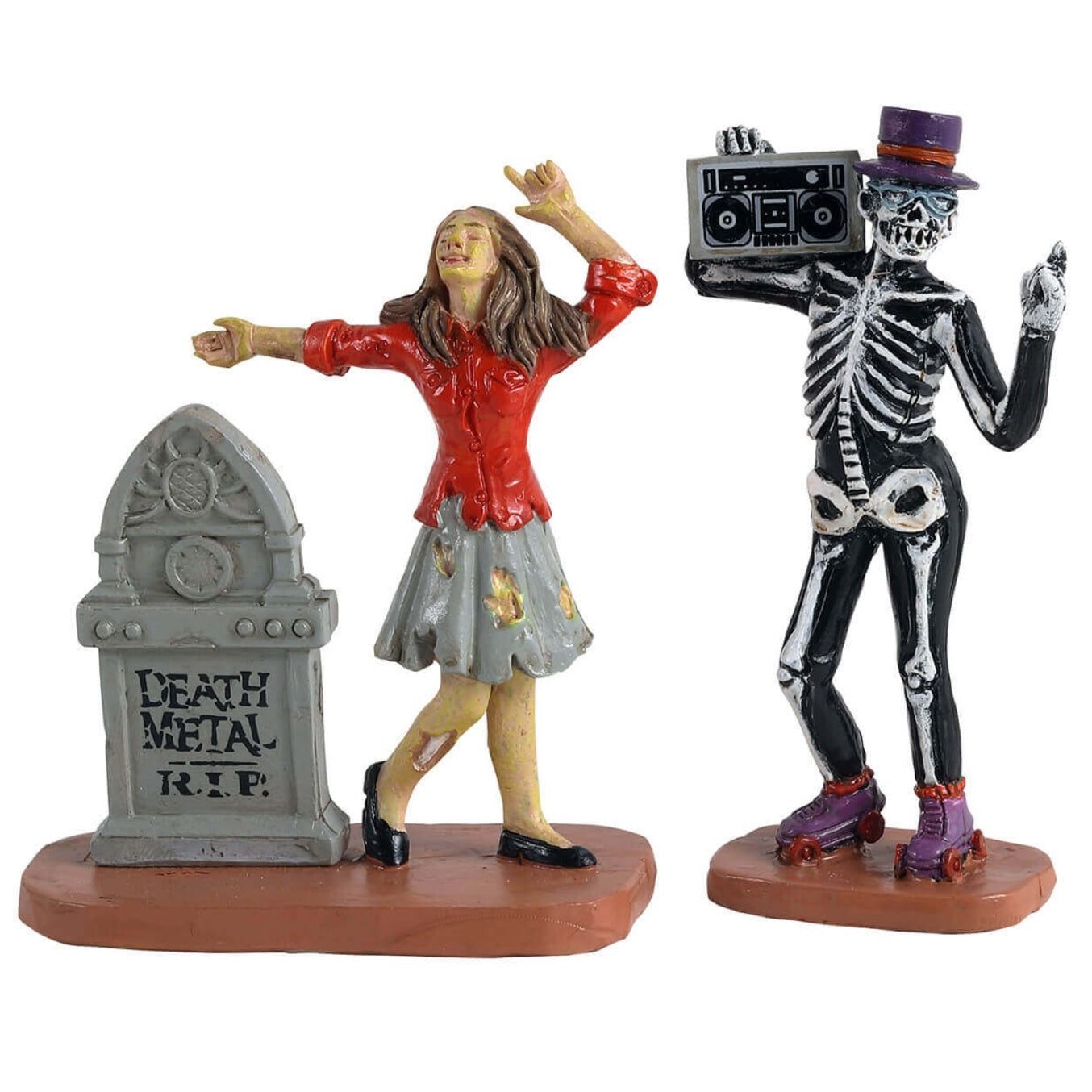 Polyresin figurines for a Lemax display. Designed to look like a woman wearing ratty clothes dancing next to a tombstone. There's also a skeleton wearing roller skates and holding a boombox. The tombstone reads "DEATH METAL. RIP,"