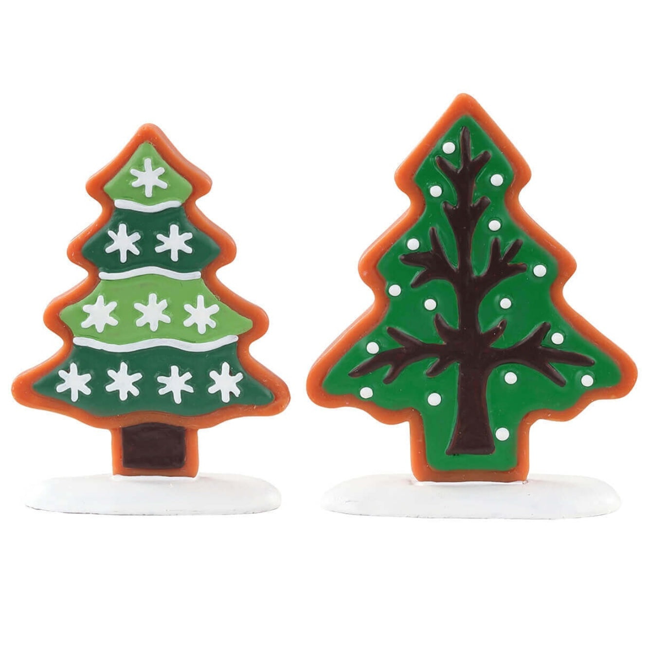 Polyresin figurines for a Lemax Village tabletop display. Designed to look like two frosted cookies but decorated to look like trees