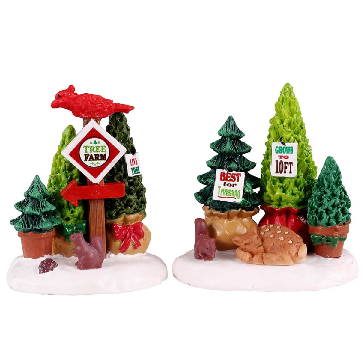 Polyresin figures for a Lemax Village display. One figure features an arrow and it reads "Tree Farm." There are three different potted trees behind the sign and a red bird on top of the sign. There's also a squirrel standing in the snow looking at an acorn. The other figure shows three more potted trees with a squirrel and a baby deer resting nearby. One tree has a sign on it that reads "Best for Trimming" and another one has a sign that reads "Grows to 10 ft."