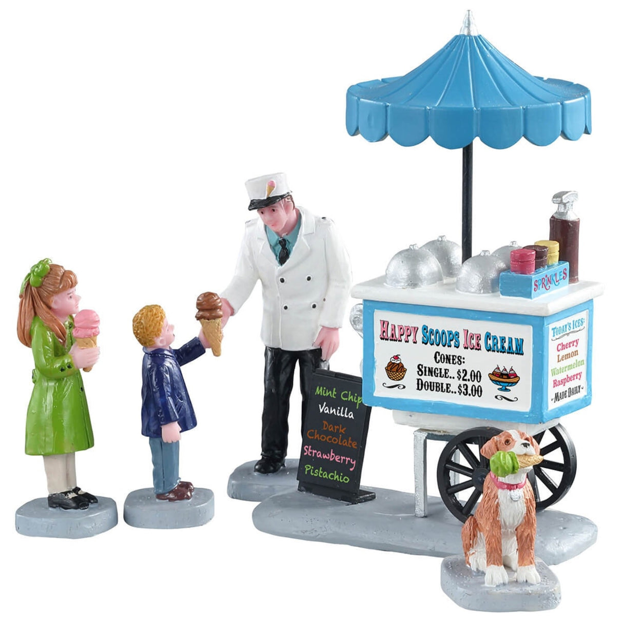 Polyresin figurines for a Lemax tabletop display. Designed to look like an ice cream vendor handing two kids ice cream cones. The sign on the ice cream cart reads "Happy Scoops Ice Cream. Cones: Single = $2.00, Double = $3.00." A dog stands nearby with an ice cream cone in his mouth