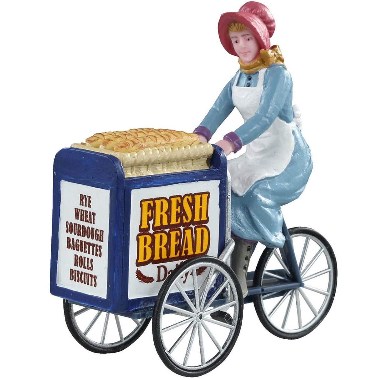 Polyresin figurine for a Lemax display. Designed to look like a woman peddling a fresh bread cart. The cart reads "Fresh bread Daily. Rye, Wheat, Sourdough, Baguettes, Rolls, Biscuits"