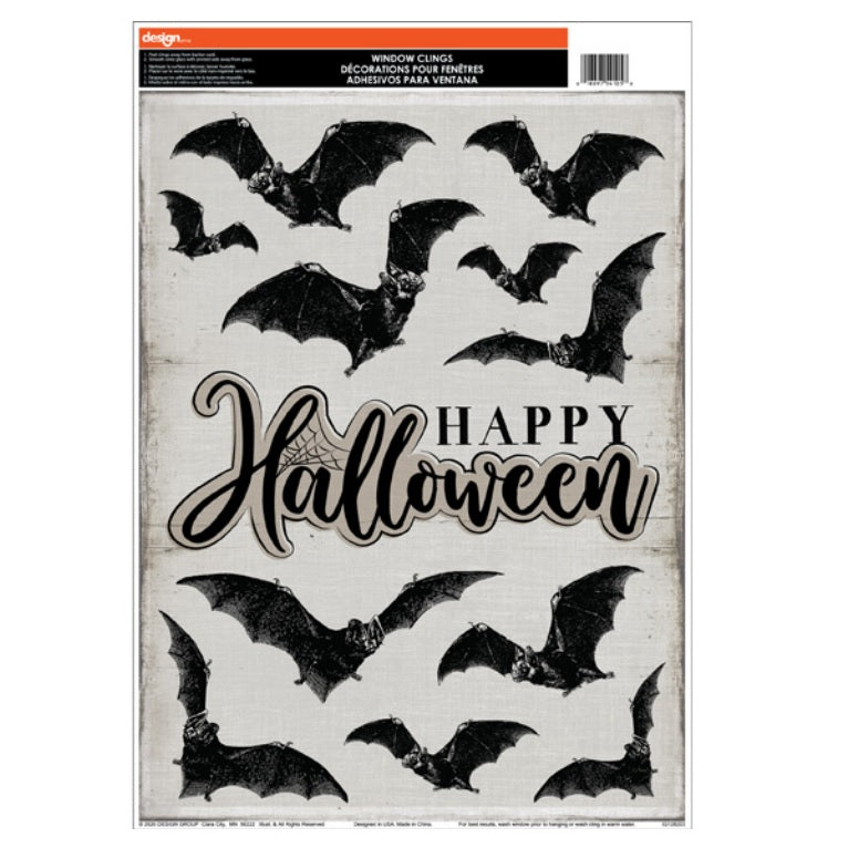 Halloween window clings. One set features bats. One set features a haunted house. One set features a witch, a cauldron, bats, the moon and crows on a branch. One set features jack-o-lanterns, tombstones, creepy hands and bats. One set features jack-o-lanterns, candy corn, stars and bats. One set features jack-o-lanterns, ghosts and a skull and crossbones. One set features cute versions of Halloween monsters. One set features jack-o-lanterns.
