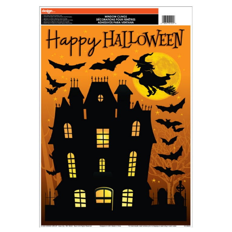Halloween window clings. One set features bats. One set features a haunted house. One set features a witch, a cauldron, bats, the moon and crows on a branch. One set features jack-o-lanterns, tombstones, creepy hands and bats. One set features jack-o-lanterns, candy corn, stars and bats. One set features jack-o-lanterns, ghosts and a skull and crossbones. One set features cute versions of Halloween monsters. One set features jack-o-lanterns.