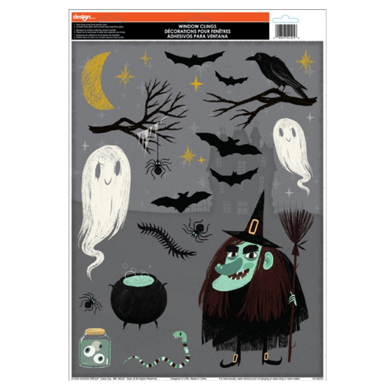 Halloween window clings. One set features bats. One set features a haunted house. One set features a witch, a cauldron, bats, the moon and crows on a branch. One set features jack-o-lanterns, tombstones, creepy hands and bats. One set features jack-o-lanterns, candy corn, stars and bats. One set features jack-o-lanterns, ghosts and a skull and crossbones. One set features cute versions of Halloween monsters. One set features jack-o-lanterns.