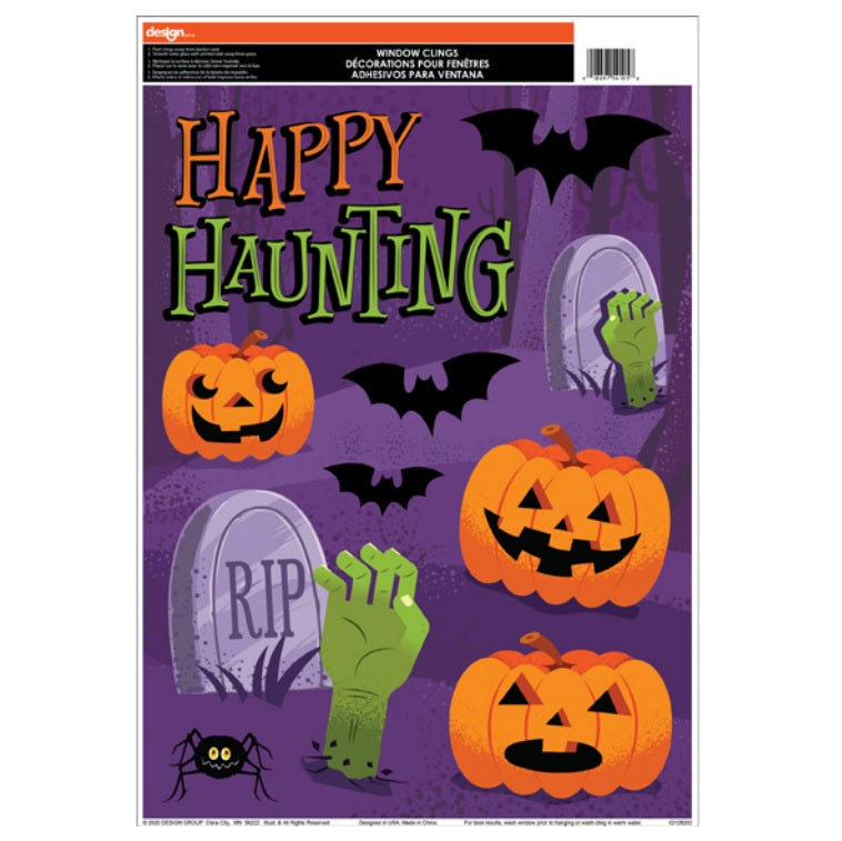 Halloween window clings. One set features bats. One set features a haunted house. One set features a witch, a cauldron, bats, the moon and crows on a branch. One set features jack-o-lanterns, tombstones, creepy hands and bats. One set features jack-o-lanterns, candy corn, stars and bats. One set features jack-o-lanterns, ghosts and a skull and crossbones. One set features cute versions of Halloween monsters. One set features jack-o-lanterns.