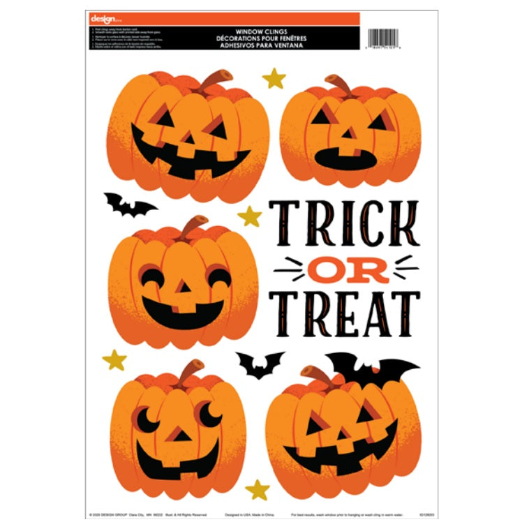 Halloween window clings. One set features bats. One set features a haunted house. One set features a witch, a cauldron, bats, the moon and crows on a branch. One set features jack-o-lanterns, tombstones, creepy hands and bats. One set features jack-o-lanterns, candy corn, stars and bats. One set features jack-o-lanterns, ghosts and a skull and crossbones. One set features cute versions of Halloween monsters. One set features jack-o-lanterns.