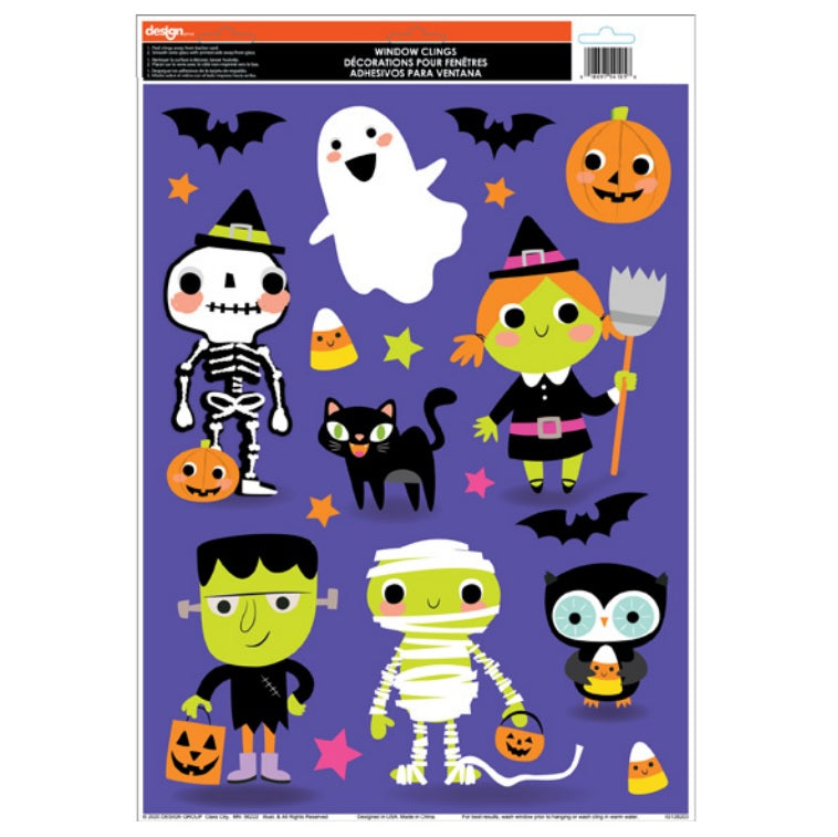 Halloween window clings. One set features bats. One set features a haunted house. One set features a witch, a cauldron, bats, the moon and crows on a branch. One set features jack-o-lanterns, tombstones, creepy hands and bats. One set features jack-o-lanterns, candy corn, stars and bats. One set features jack-o-lanterns, ghosts and a skull and crossbones. One set features cute versions of Halloween monsters. One set features jack-o-lanterns.