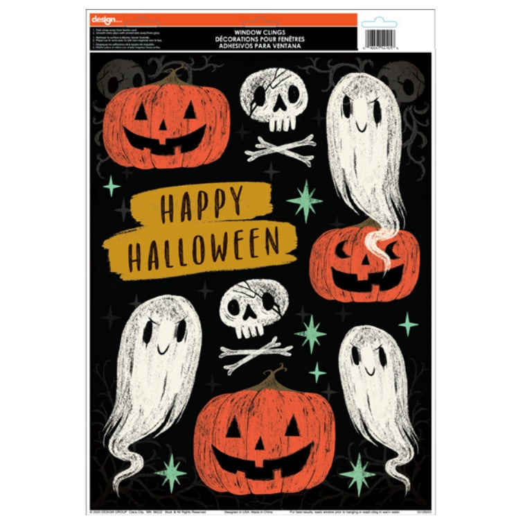 Halloween window clings. One set features bats. One set features a haunted house. One set features a witch, a cauldron, bats, the moon and crows on a branch. One set features jack-o-lanterns, tombstones, creepy hands and bats. One set features jack-o-lanterns, candy corn, stars and bats. One set features jack-o-lanterns, ghosts and a skull and crossbones. One set features cute versions of Halloween monsters. One set features jack-o-lanterns.