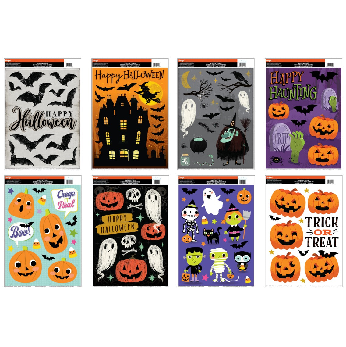 Halloween window clings. One set features bats. One set features a haunted house. One set features a witch, a cauldron, bats, the moon and crows on a branch. One set features jack-o-lanterns, tombstones, creepy hands and bats. One set features jack-o-lanterns, candy corn, stars and bats. One set features jack-o-lanterns, ghosts and a skull and crossbones. One set features cute versions of Halloween monsters. One set features jack-o-lanterns.