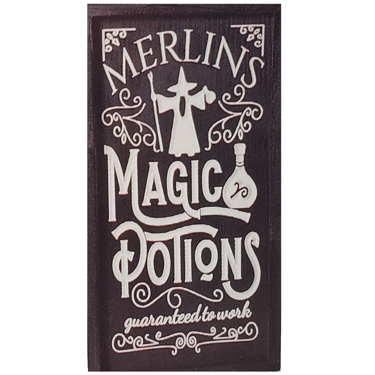 Carved Halloween signs. One reads "Past, Present, Future Fortune Teller. Crystal ball gazings and tarot cards." One reads "Merlins Magic Potions guaranteed to work." One reads "Wiches Brew Drink Co. quality potions since 1542."