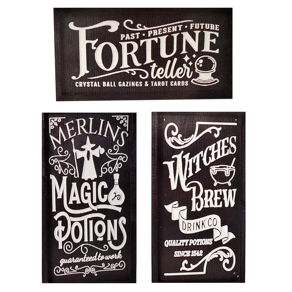 Carved Halloween signs. One reads "Past, Present, Future Fortune Teller. Crystal ball gazings and tarot cards." One reads "Merlins Magic Potions guaranteed to work." One reads "Wiches Brew Drink Co. quality potions since 1542."